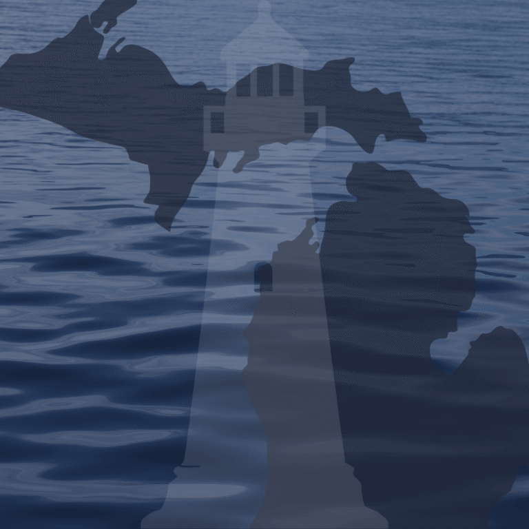 Graphic of a lighthouse and the state of Michigan with water behind.